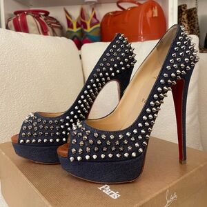 christian louboutin lady peep spike denim high heels size 8 or european size 39